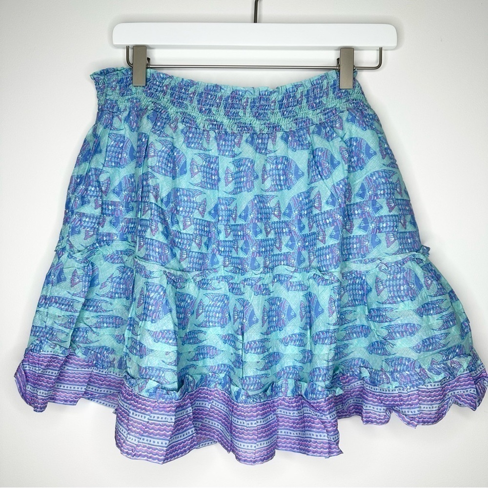 NWT Vineyard Vines Smocked Waist Tiered Ruffle Blue Tropical Fish Skirt Size L